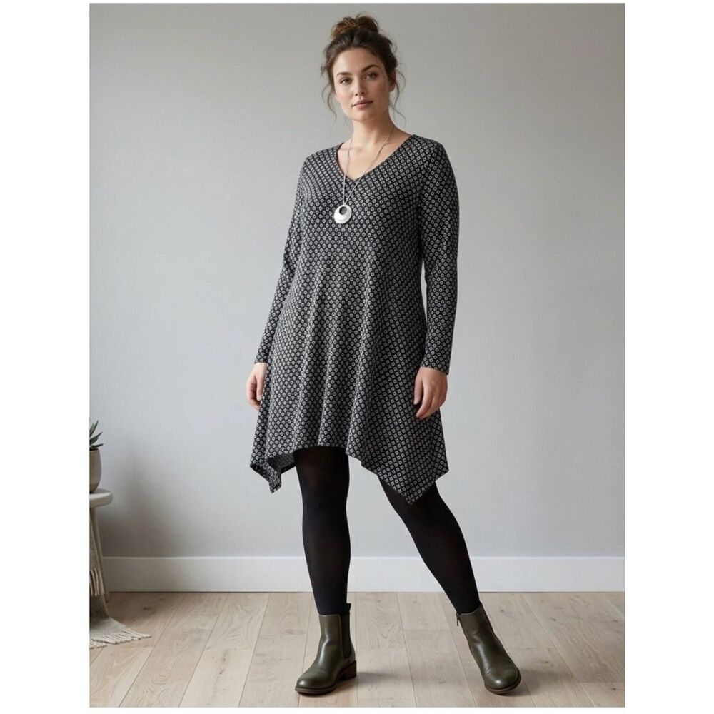 Gudrun Sjoden Mini Tunic Dress Womens Size L Black Gray Floral A-Line Swing - Picture 4 of 10